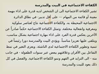 
‫والمدرسة‬ ‫البيت‬ ‫في‬ ‫االجتماعية‬ ‫الكفاءة‬
‫مهمة‬ ‫اداء‬ ‫على‬ ‫قدرة‬ ‫لديه‬ ‫الشخص‬ ‫ان‬ ‫الى‬ ‫االجتماعية‬ ‫الكفاءة‬ ‫تشير‬
- —
‫الدائرة‬ ‫نطاق‬ ‫في‬ ‫تدبير‬ ‫أقل‬ ‫على‬ ‫المهام‬ ‫من‬ ‫قائمة‬ ‫أو‬ ‫معينة‬
.
‫سلوكية‬ ‫لعناصر‬ ‫نتاج‬ ‫االجتماعية‬ ‫والكفاءة‬ ‫به‬ ‫المحيطة‬ ‫االجتماعية‬
.
‫عن‬ ً‫صادرا‬ ً‫حكما‬ ‫االجتماعية‬ ‫الكفاءة‬ ‫وتمثل‬ ‫مختلفة‬ ‫وانفعالية‬ ‫ومعرفية‬
،‫مناسب‬ ‫بشكل‬ ‫اجتماعية‬ ‫مهارة‬ ‫اداء‬ ‫على‬ ‫الفرد‬ ‫قدرة‬ ‫يعكس‬ ‫اآلخرين‬
.
‫في‬ ً‫رئيسا‬ ‫دورا‬ ‫والمدرسة‬ ‫البيت‬ ‫ويؤدي‬ ً‫مناسبا‬ ‫تعزيزا‬ ‫عليها‬ ‫ويتلقى‬
.
‫نمط‬ ‫في‬ ‫التغير‬ ‫ويعزى‬ ‫الناشئة‬ ‫لدى‬ ‫االجتماعية‬ ‫الكفاءة‬ ‫وتطوير‬ ‫تنمية‬
-
‫جانب‬ ‫في‬ ‫الطفولة‬ ‫سنوات‬ ‫عبر‬ ‫ببعض‬ ‫وعالقتهم‬ ‫األقران‬ ‫بين‬ ‫التفاعل‬
. -
‫كل‬ ‫في‬ ‫والفضل‬ ‫االجتماعية‬ ‫الكفاءة‬ ‫ونمو‬ ‫الفهم‬ ‫في‬ ‫التزايد‬ ‫الى‬ ‫منه‬
‫والمدرسة‬ ‫للبيت‬ ‫يعود‬ ‫ذلك‬
 