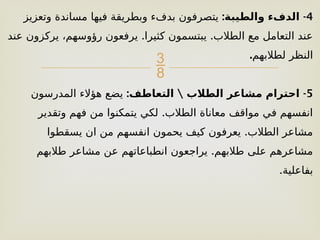 
4
: -
‫والطيبة‬ ‫الدفء‬
‫وتعزيز‬ ‫مساندة‬ ‫فيها‬ ‫وبطريقة‬ ‫بدفء‬ ‫يتصرفون‬
. .
‫عند‬ ‫يركزون‬ ،‫رؤوسهم‬ ‫يرفعون‬ ‫كثيرا‬ ‫يبتسمون‬ ‫الطالب‬ ‫مع‬ ‫التعامل‬ ‫عند‬
‫لطالبهم‬ ‫النظر‬
.
5
:  -
‫التعاطف‬ ‫الطالب‬ ‫مشاعر‬ ‫احترام‬
‫المدرسون‬ ‫هؤالء‬ ‫يضع‬
.
‫وتقدير‬ ‫فهم‬ ‫من‬ ‫يتمكنوا‬ ‫لكي‬ ‫الطالب‬ ‫معاناة‬ ‫مواقف‬ ‫في‬ ‫انفسهم‬
.
‫يسقطوا‬ ‫ان‬ ‫من‬ ‫انفسهم‬ ‫يحمون‬ ‫كيف‬ ‫يعرفون‬ ‫الطالب‬ ‫مشاعر‬
.
‫طالبهم‬ ‫مشاعر‬ ‫عن‬ ‫انطباعاتهم‬ ‫يراجعون‬ ‫طالبهم‬ ‫على‬ ‫مشاعرهم‬
.‫بفاعلية‬
 