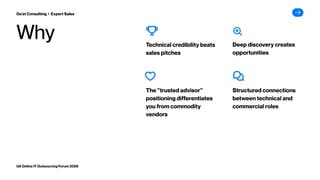 Why Technical credibility beats
sales pitches
Deep discovery creates
opportunities
The "trusted advisor"
positioning differentiates
you from commodity
vendors
Structured connections
between technical and
commercial roles
Da’at Consulting ▸ Expert Sales
UA Online IT Outsourcing Forum 2026
 