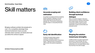 Bringing a software architect into presale isn't a
cost—it's a competitive advantage. Early
technical involvement means accurate
estimates, fewer surprises, and clients who trust
you before the contract is signed.
Skill matters
An architect can assess technical complexity,
identify integration challenges, and spot
hidden dependencies that sales teams
typically miss. This prevents underquoting
that kills margins or overquoting that loses
deals.
Accurate scoping and
estimation
When an architect engages in discovery,
clients see that your company understands
their problem deeply. This peer-to-peer
conversation with the client's technical
stakeholders creates trust that slides and
proposals cannot.
Building client confidence
through technical
dialogue
Architects recognize legacy system
constraints, unrealistic timelines, or
technology mismatches before contracts are
signed—allowing honest conversations
upfront rather than painful renegotiations
later.
Early risk identification
A skilled architect can guide requirements
discussions in ways that align with your
team's expertise and proven approaches—
positioning you for successful delivery rather
than learning on the client's budget.
Shaping the solution
toward your strengths.
Da’at Consulting ▸ Expert Sales
UA Online IT Outsourcing Forum 2026
 