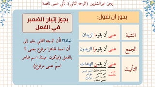 ‫ناقصة‬ ‫عسى‬ ‫تأتي‬ :)‫الثاني‬ ‫)الوجه‬ ‫غيرالشلوبين‬ ‫يجيز‬
:‫ﻧﻘول‬ ‫أن‬ ‫ﻳﺠﻮز‬
‫التثنية‬
‫الجمع‬
‫يدان‬‫الز‬ ‫يقوما‬ ‫أن‬ ‫عسى‬
‫يدون‬‫الز‬ ‫يقوموا‬ ‫أن‬ ‫عسى‬
‫الهندات‬ ‫يقمن‬ ‫أن‬ ‫عسى‬
‫عسى‬
‫ﺼة‬‫﮴‬ ‫ﺎ‬‫﮲‬
‫ﻣﺆول‬ ‫ﻣﺼﺪر‬
‫ﻣﺤﻞ‬ ‫﮵‬
‫ﻰ‬‫﮲‬
‫ﺮ‬‫﮳‬ ‫﮲‬‫ﺣ‬ ‫ﺼﺐ‬‫﮲‬
‫ﺪم‬ ‫﮴‬ ‫ﻣ‬ ‫ﻋﺴﻰ‬
‫ﻋﺴﻰ‬ ‫اﺳﻢ‬
‫ﺮ‬ ‫﮲‬‫ﻣﺆﺣ‬
‫ﻮع‬‫﮲‬ ‫ﻣﺮ‬
‫التأنيث‬
‫اﻟﻀﻤﻴﺮ‬ ‫إﺗﻴﺎن‬ ‫ﻳﺠﻮز‬
‫اﻟﻔﻌﻞ‬ ‫ﻓﻲ‬
‫إلى‬ ‫يشير‬ ‫الثاني‬ ‫الوجه‬ ‫لأن‬ ‫لماذا؟‬
‫لا‬ ‫بعسى‬ ‫مرفوع‬ ‫ظاهرا‬ ‫اسما‬ ‫أن‬
‫ظاهر‬ ‫اسم‬ ‫حينئذ‬ ‫)فيكون‬ ‫بالفعل‬
(‫مرفوع‬ ‫عسى‬ َ‫م‬‫اس‬
 