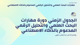 ‫ﻣﻬﺎرات‬ ‫دورة‬ ‫اﻟﺰﻣﻨﻲ‬ ‫اﻟﺠﺪول‬
‫اﻟﺮﻗﻤﻲ‬ ‫واﻟﺘﺤﻠﻴﻞ‬ ‫اﻟﻌﻠﻤﻲ‬ ‫اﻟﺒﺤﺚ‬
‫اﻻﺻﻄﻨﺎﻋﻲ‬ ‫ﺑﺎﻟﺬﻛﺎء‬ ‫اﻟﻤﺪﻋﻮم‬
.‫ﻧﻨﺘﻬي‬ ‫وﻣﺘﻰ‬ ‫ﻧﺒﺪأ‬ ‫ﻣﺘﻰ‬ ‫ﻟﻨﺎ‬ ‫ﻳﻮﺿﺢ‬
‫دورة‬ ‫ﺗﺪرﻳﺒﻴة‬ ‫ﺣﻘﻴﺒﺔ‬
‫اﻻﺻﻄﻨﺎﻋي‬ ‫ﺑﺎﻟﺬﻛﺎء‬ ‫اﻟﻤﺪﻋﻮم‬ ‫اﻟﺮﻗﻤﻲ‬ ‫واﻟﺘﺤﻠﻴﻞ‬ ‫اﻟﻌﻠﻤﻲ‬ ‫اﻟﺒﺤﺚ‬ ‫ﻣﻬﺎرات‬
 