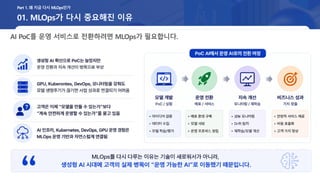 AI PoC를 운영 서비스로 전환하려면 MLOps가 필요합니다.
01. MLOps가 다시 중요해진 이유
Part 1. 왜 지금 다시 MLOps인가
 
