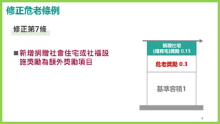 ◼新增捐贈社會住宅或社福設
施獎勵為額外獎勵項目
修正第7條
5
基準容積1
危老獎勵 0.3
捐贈社宅
(婚育宅)獎勵 0.15
修正危老條例
 