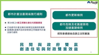 都市更新條例
都市危險及老舊建築物
加速重建條例
◼ 第34條之4修正捐贈社會住宅獎勵額度
◼ 已依都市計畫法第85條規定送請鈞院備案
◼ 後續請6直轄市政府參酌修正所轄都市計畫
法施行細則
都市計畫法臺灣省施行細則
6
民 間 與 政 府 雙 贏
創 造 住 宅 與 財 政 雙 重 效 益
經院會通過後函請立法院審議
 