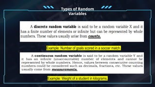 Types of Random
Variables
Example: Number of goals scored in a soccer match.
Example: Weight of a student in kilograms.
 