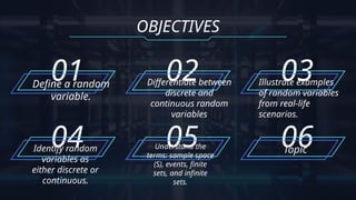 01
Define a random
variable.
OBJECTIVES
02
Differentiate between
discrete and
continuous random
variables
03
Illustrate examples
of random variables
from real-life
scenarios.
04
Identify random
variables as
either discrete or
continuous.
05
Understand the
terms: sample space
(S), events, finite
sets, and infinite
sets.
06
Topic
 