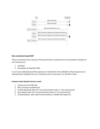 Non-contention based RAP
There are instances when, because of timing restrictions, contentions are not acceptable. Examples of
such instances are:
1. Handover
2. Resumption of downlink traffic
In such cases, dedicated preamble sequences are allocated to UE by eNodeB. As these sequences are
allocated by the eNodeB, there are no collisions and no contentions. So, the RAP is faster.
Instances when Random Access is used:
1. Initial access from RRC Idle.
2. RRC connection establishment
3. DL data download, when UE’s UL synchronization status is “non-synchronized”.
4. Data upload, when UE’s UL synchronization status is “non-synchronized”.
5. During handover, when uplink synchronization is needed with target cell.
 