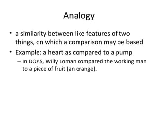 Analogy
• a similarity between like features of two
things, on which a comparison may be based
• Example: a heart as compared to a pump
– In DOAS, Willy Loman compared the working man
to a piece of fruit (an orange).

 