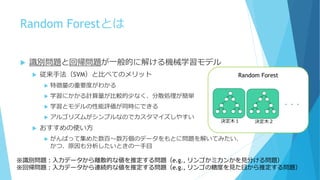 Random Forest
 識別問題と回帰問題が一般的に解ける機械学習モデル
 従来手法（SVM）と比べてのメリット
 特徴量の重要度がわかる
 学習にかかる計算量が比較的少なく、分散処理が簡単
 学習とモデルの性能評価が同時にできる
 アルゴリズムがシンプルなのでカスタマイズしやすい
 おすすめの使い方
 がんばって集めた数百～数万個のデータをもとに問題を解いてみたい、
かつ、原因も分析したいときの一手目
Random Forestとは
※識別問題：入力データから離散的な値を推定する問題（e.g., リンゴかミカンかを見分ける問題）
※回帰問題：入力データから連続的な値を推定する問題（e.g., リンゴの糖度を見た目から推定する問題）
・・・
決定木１ 決定木２
 