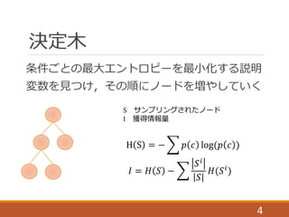 決定木
4
条件ごとの最大エントロピーを最小化する説明
変数を見つけ，その順にノードを増やしていく
𝐼 = 𝐻 𝑆 −
𝑆 𝑖
𝑆
𝐻(𝑆 𝑖
)
S サンプリングされたノード
I 獲得情報量
H S = − 𝑝 𝑐 log(𝑝 𝑐 )
 