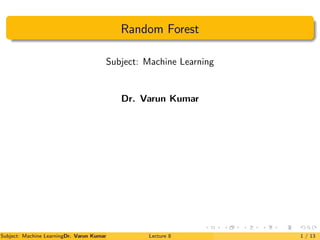 Random Forest
Subject: Machine Learning
Dr. Varun Kumar
Subject: Machine LearningDr. Varun Kumar Lecture 8 1 / 13
 