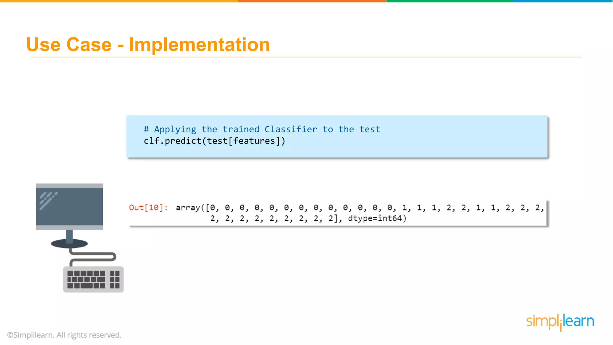 # Applying the trained Classifier to the test clf.predict(test[features]) Use Case - Implementation 