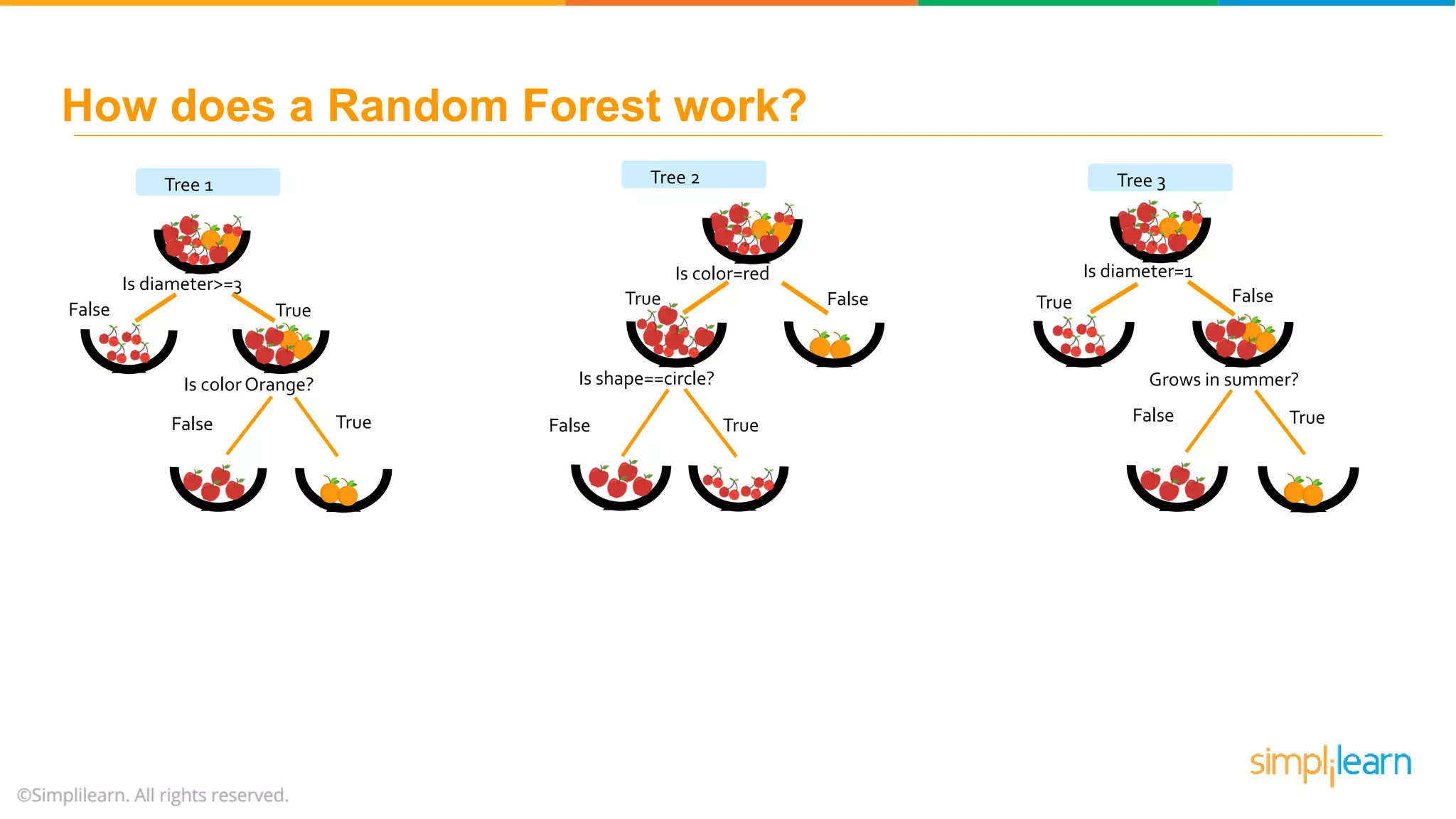 Is diameter>=3 False True Is color Orange? False True Is color=red FalseTrue Is shape==circle? False True Is diameter=1 FalseTrue Grows in summer? False True Tree 1 Tree 2 Tree 3 How does a Random Forest work? 