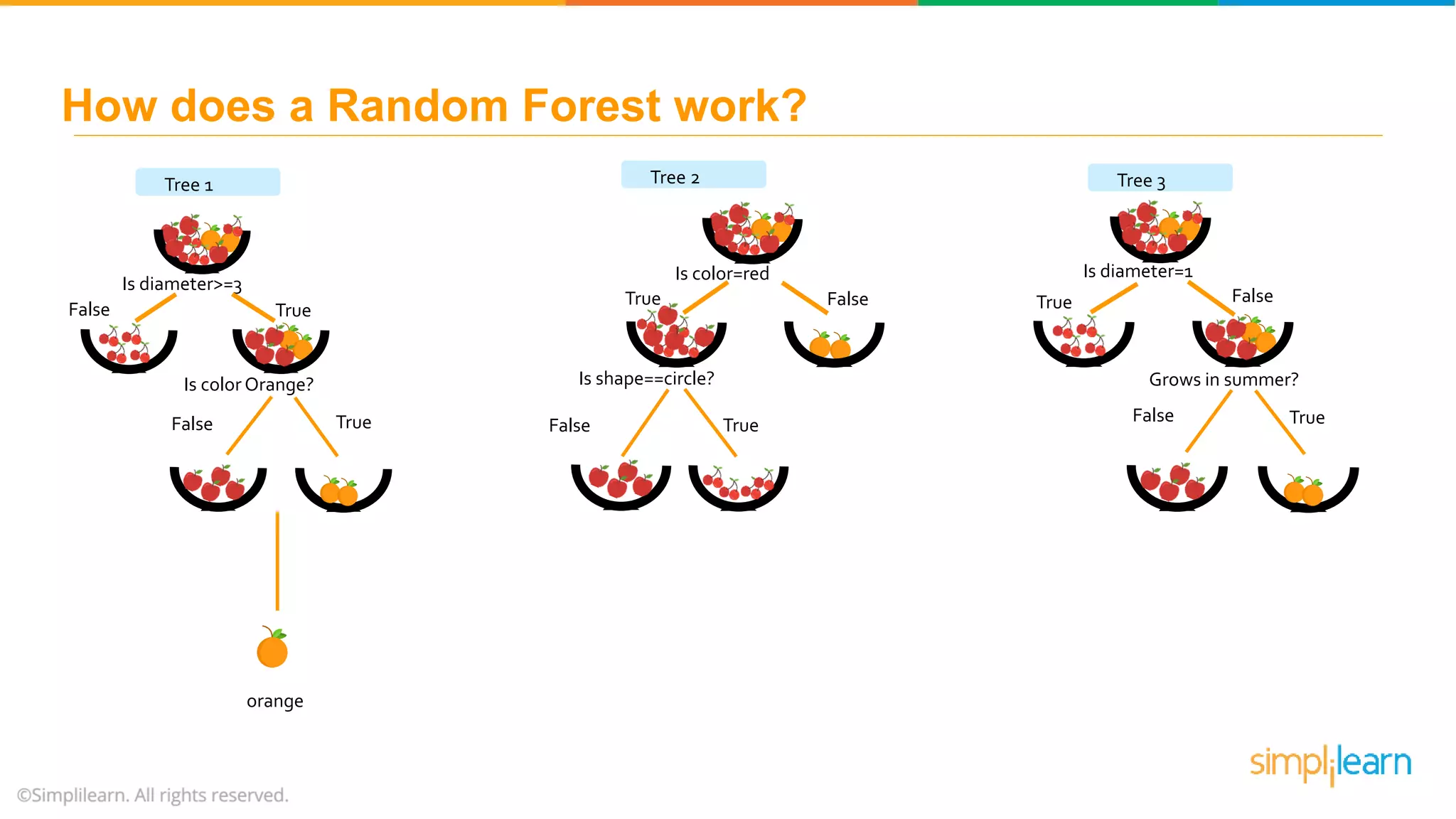 How does a Random Forest work? orange Is diameter>=3 False True Is color Orange? False True Is color=red FalseTrue Is shape==circle? False True Is diameter=1 FalseTrue Grows in summer? False True Tree 1 Tree 2 Tree 3 
