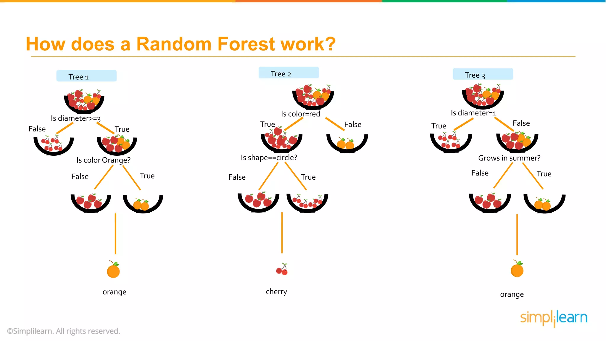 How does a Random Forest work? orangecherryorange Is diameter>=3 False True Is color Orange? False True Is color=red FalseTrue Is shape==circle? False True Is diameter=1 FalseTrue Grows in summer? False True Tree 1 Tree 2 Tree 3 