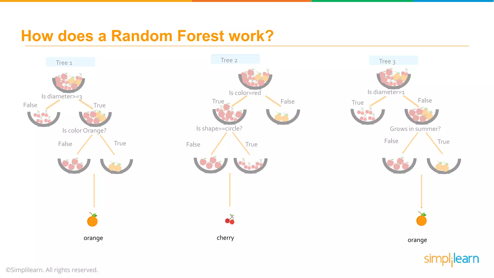 How does a Random Forest work? orangecherryorange Is diameter>=3 False True Is color Orange? False True Is color=red FalseTrue Is shape==circle? False True Is diameter=1 FalseTrue Grows in summer? False True Tree 1 Tree 2 Tree 3 