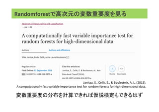 変数重要度の分布を計算できれば仮説検定もできるはず	
	Randomforestで高次元の変数重要度を見る     
Janitza,	S.,	Celik,	E.,	&	Boulesteix,	A.	L.	(2015).		
A	computaAonally	fast	variable	importance	test	for	random	forests	for	high-dimensional	data.	
 