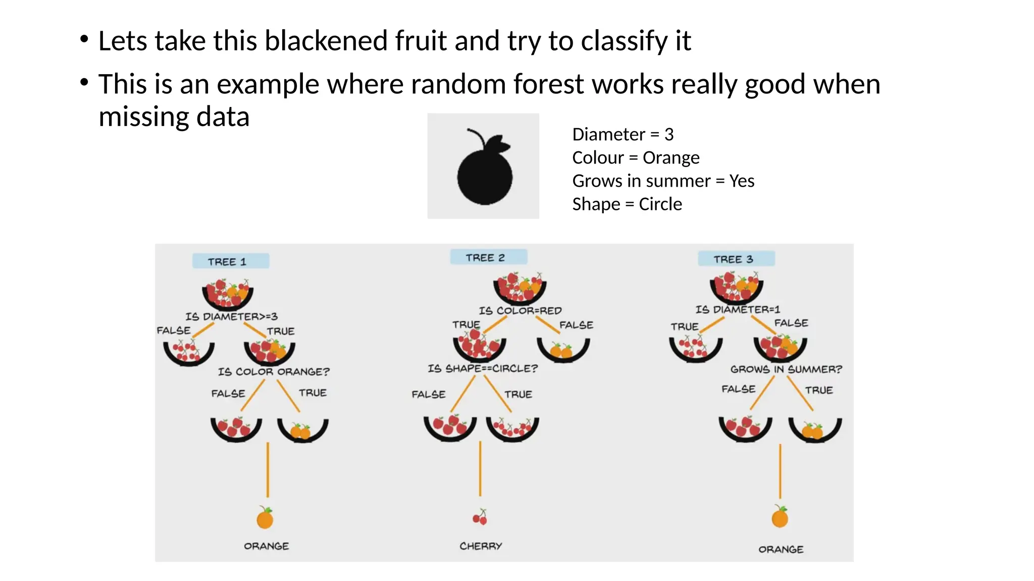 • Lets take this blackened fruit and try to classify it • This is an example where random forest works really good when missing data Diameter = 3 Colour = Orange Grows in summer = Yes Shape = Circle 