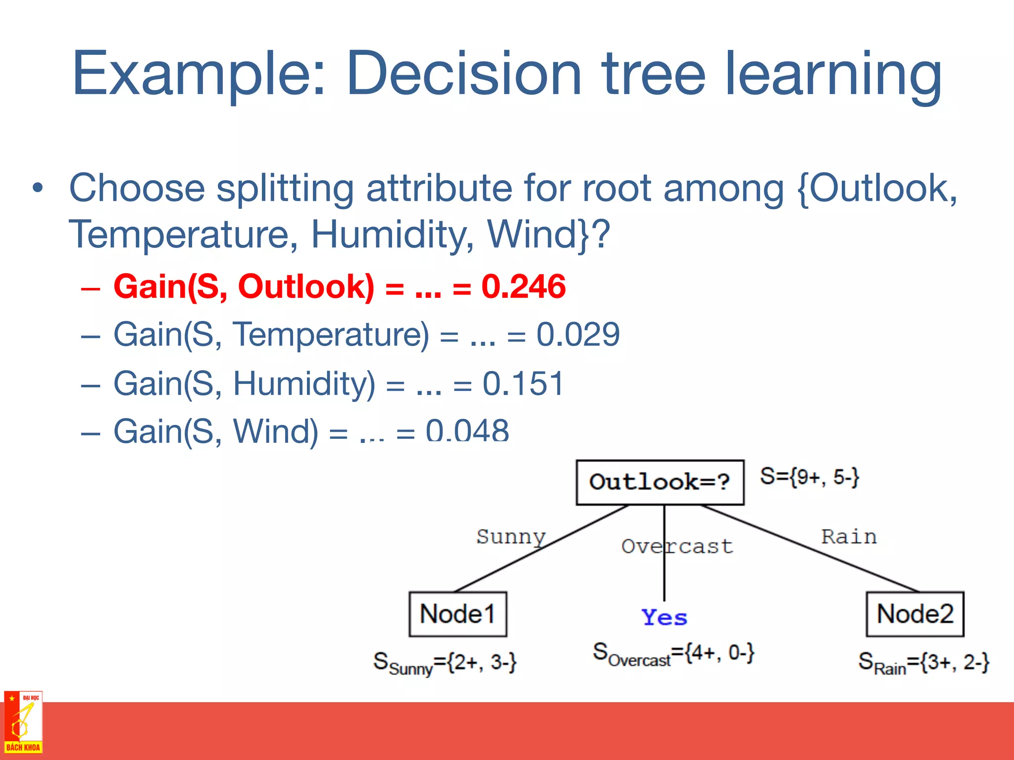 Example: Decision tree learning
•  Choose splitting attribute for root among {Outlook,
Temperature, Humidity, Wind}?
–  Gain(S, Outlook) = ... = 0.246
–  Gain(S, Temperature) = ... = 0.029
–  Gain(S, Humidity) = ... = 0.151
–  Gain(S, Wind) = ... = 0.048
 