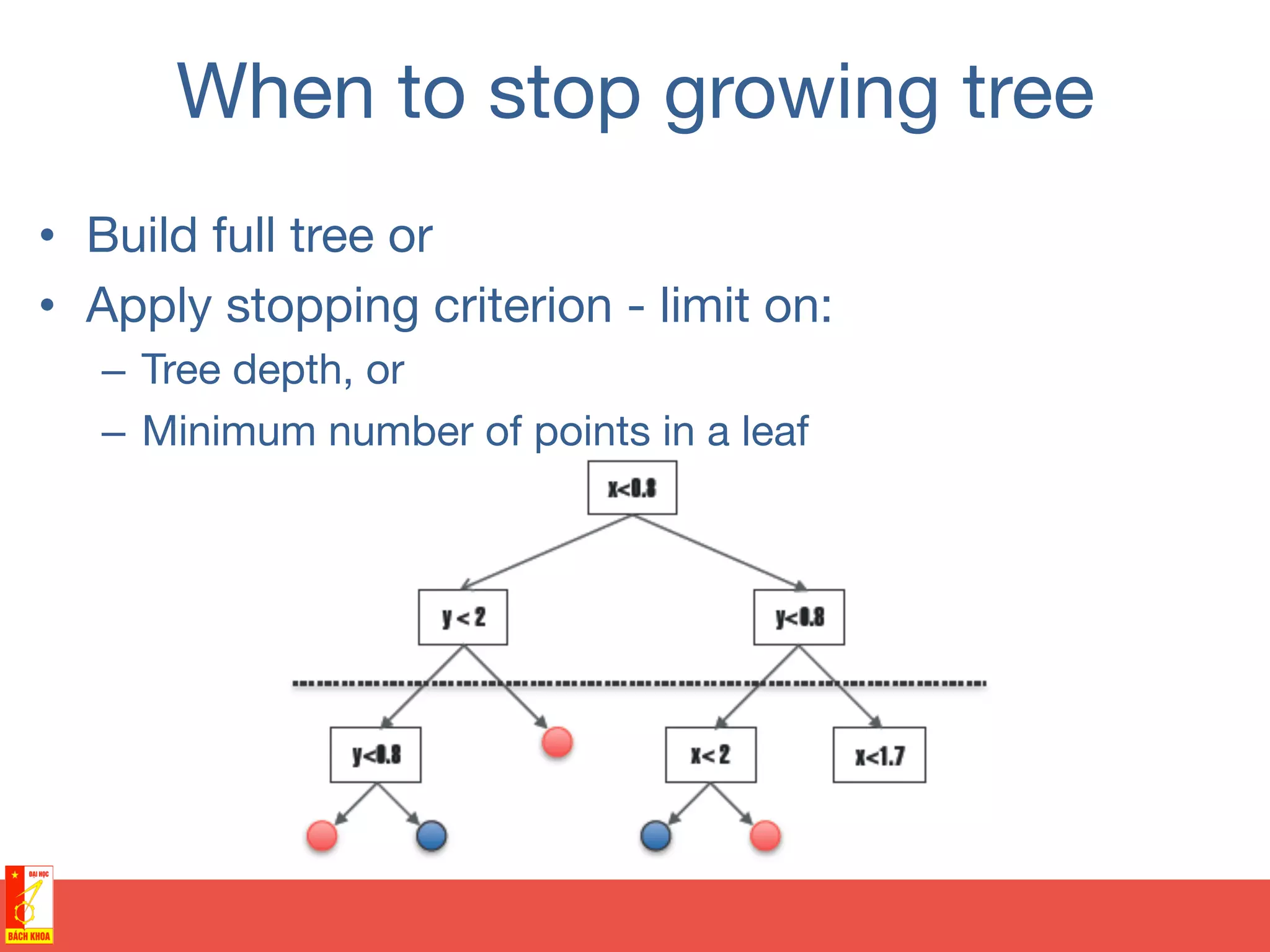 When to stop growing tree
•  Build full tree or
•  Apply stopping criterion - limit on:
–  Tree depth, or
–  Minimum number of points in a leaf
 