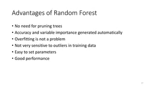 Advantages of Random Forest
• No need for pruning trees
• Accuracy and variable importance generated automatically
• Overfitting is not a problem
• Not very sensitive to outliers in training data
• Easy to set parameters
• Good performance
27
 