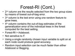 Forest-RI (Cont.)
• 2nd
column are the results selected from the two group sizes
by means of lowest out-of-bag error.
• 3rd
column is the test error using one random feature to
grow trees.
• 4th
column contains the out-of-bag estimates of the
generalization error of the individual trees in the forest
computed for the best setting.
• Forest-RI > Adaboost.
• Not sensitive to F.
• Using a single randomly chosen input variable to split on at
each node could produce good accuracy.
• Random input selection can be much faster than either
Adaboost or Bagging.
 
