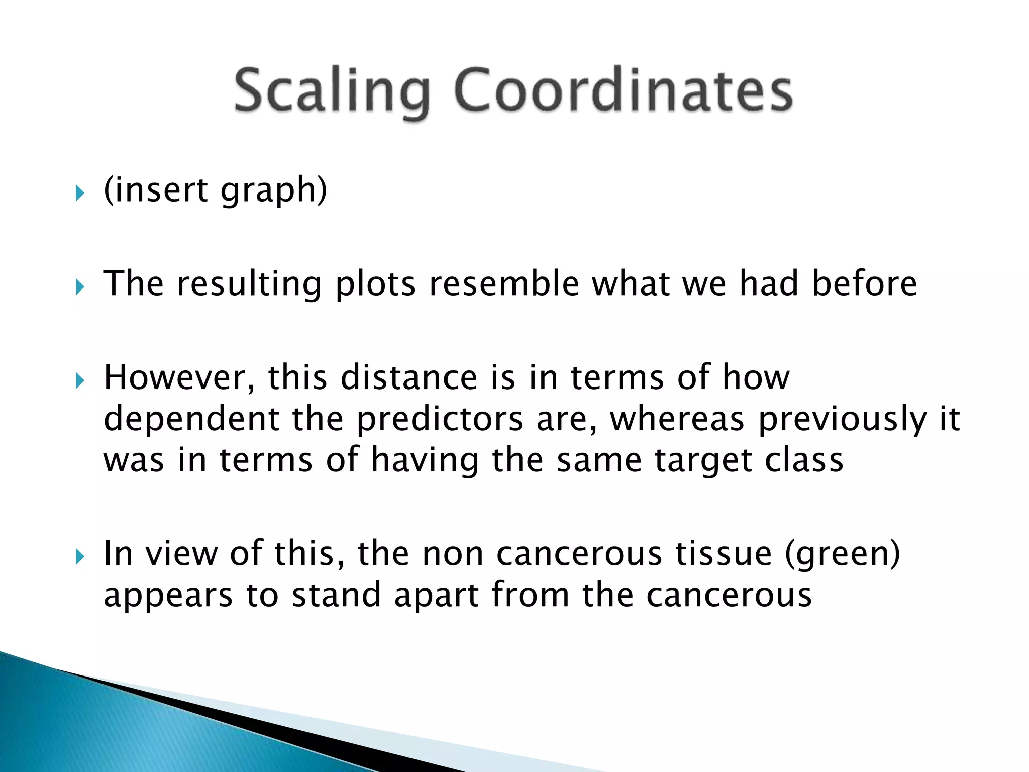  (insert graph)
 The resulting plots resemble what we had before
 However, this distance is in terms of how
dependent the predictors are, whereas previously it
was in terms of having the same target class
 In view of this, the non cancerous tissue (green)
appears to stand apart from the cancerous
 