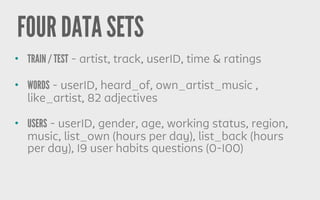 FOUR DATA SETS
• TRAIN / TEST - artist, track, userID, time & ratings
• WORDS - userID, heard_of, own_artist_music ,
like_artist, 82 adjectives
• USERS - userID, gender, age, working status, region,
music, list_own (hours per day), list_back (hours
per day), 19 user habits questions (0-100)
 