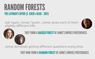 RANDOM FORESTS
THE LAYMAN’S INTRO (E. CHEN’s BLOG - 2011)
Ask Tywin, Cersei, Tyrion...Jamie gives each of them
slightly different info.
THEY FORM A BAGGED FOREST OF JAMIE’S MOVIES PREFERENCES
Jamie demands getting different questions every time.
THEY NOW FORM A RANDOM FOREST OF JAMIE’S MOVIES PREFERENCES
 