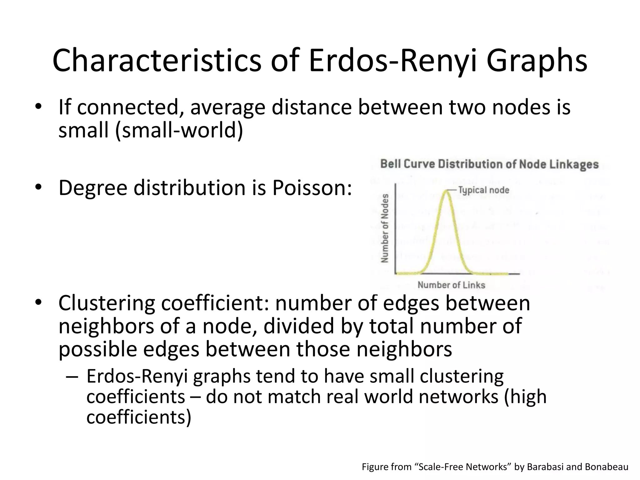 Characteristics of Erdos-Renyi Graphs
• If connected, average distance between two nodes is
  small (small-world)

• Degree distribution is Poisson:



• Clustering coefficient: number of edges between
  neighbors of a node, divided by total number of
  possible edges between those neighbors
   – Erdos-Renyi graphs tend to have small clustering
     coefficients – do not match real world networks (high
     coefficients)

                                    Figure from “Scale-Free Networks” by Barabasi and Bonabeau
 