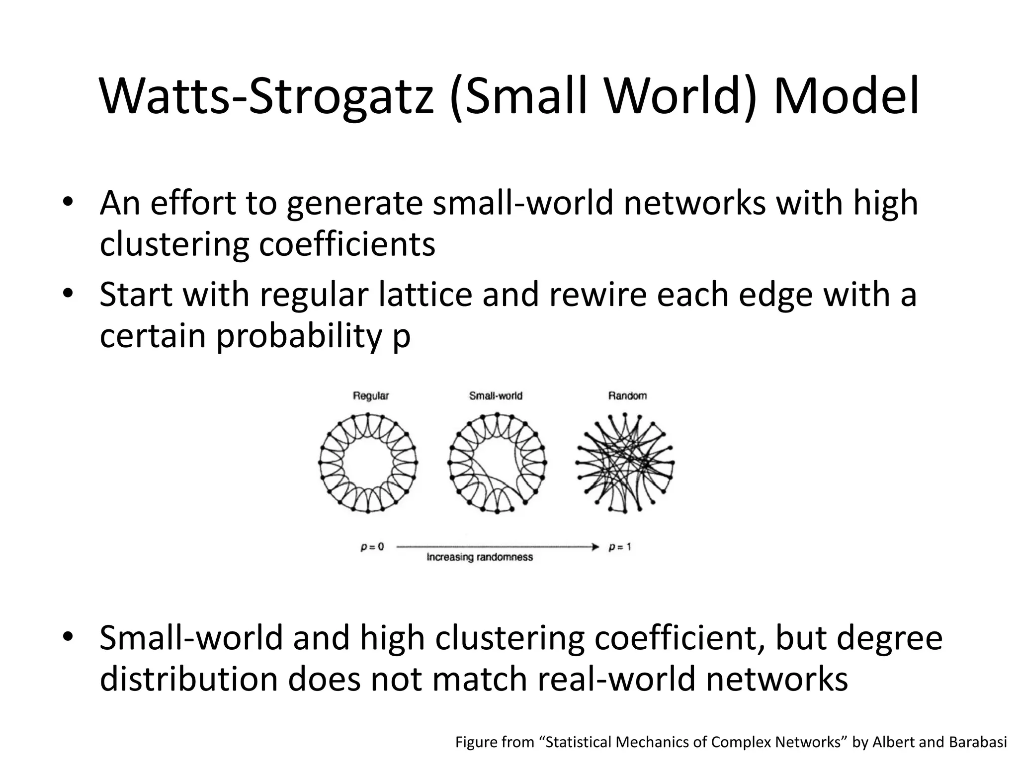 Watts-Strogatz (Small World) Model
• An effort to generate small-world networks with high
  clustering coefficients
• Start with regular lattice and rewire each edge with a
  certain probability p




• Small-world and high clustering coefficient, but degree
  distribution does not match real-world networks
                         Figure from “Statistical Mechanics of Complex Networks” by Albert and Barabasi
 