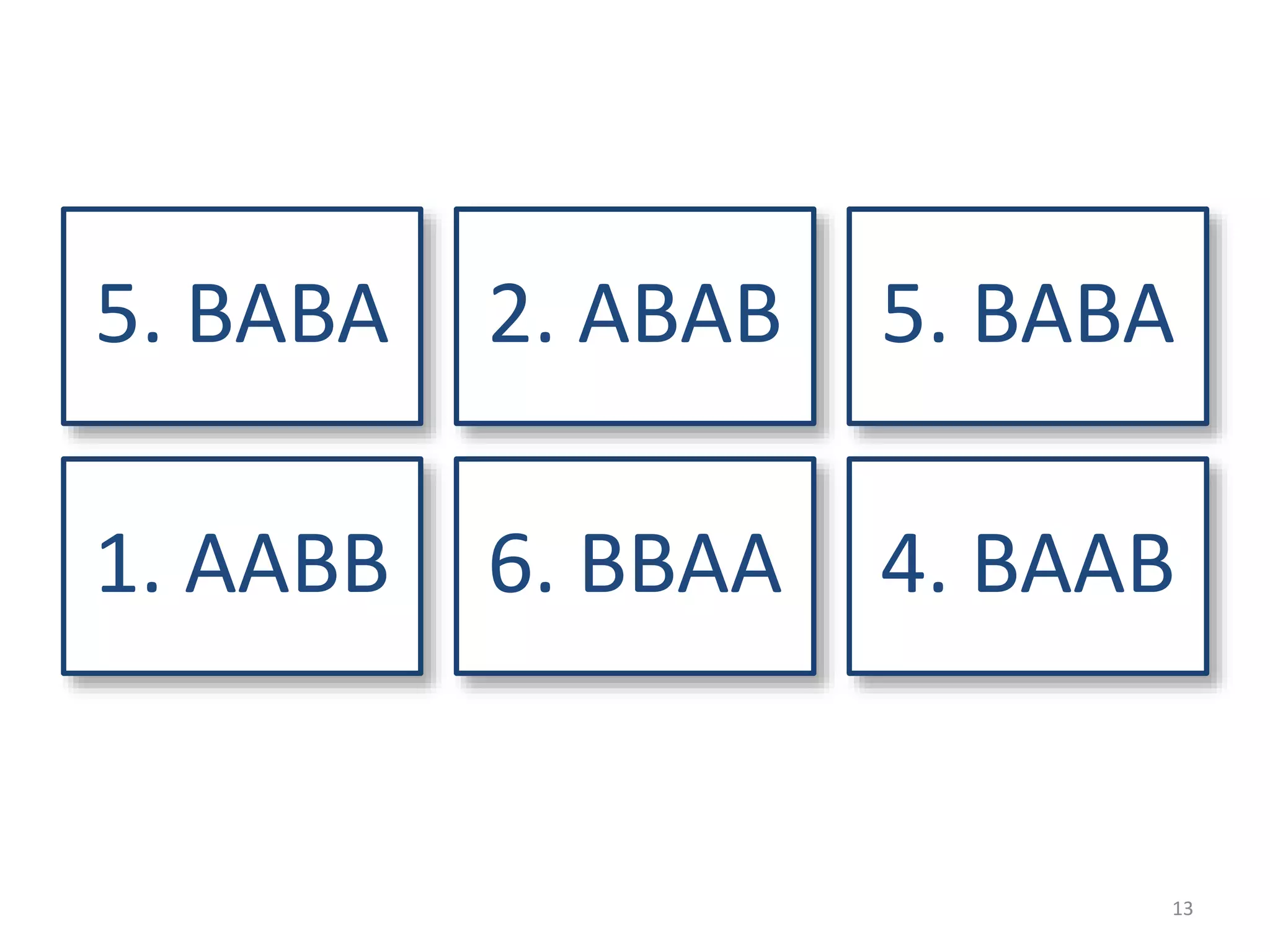 5. BABA 2. ABAB 5. BABA
1. AABB 6. BBAA 4. BAAB
13
 