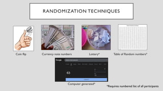RANDOMIZATION TECHNIQUES
Coin flip Currency note numbers Lottery* Table of Random numbers*
Computer generated*
*Requires numbered list of all participants
 
