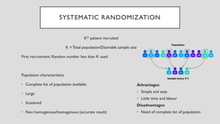 SYSTEMATIC RANDOMIZATION
Kth patient recruited
K =Total population/Desirable sample size
First recruitment: Random number less than K used
Population characteristics
• Complete list of population available
• Large
• Scattered
• Non homogenous/homogenous (accurate result)
Advantages:
• Simple and easy
• Little time and labour
Disadvantages:
• Need of complete list of population
 