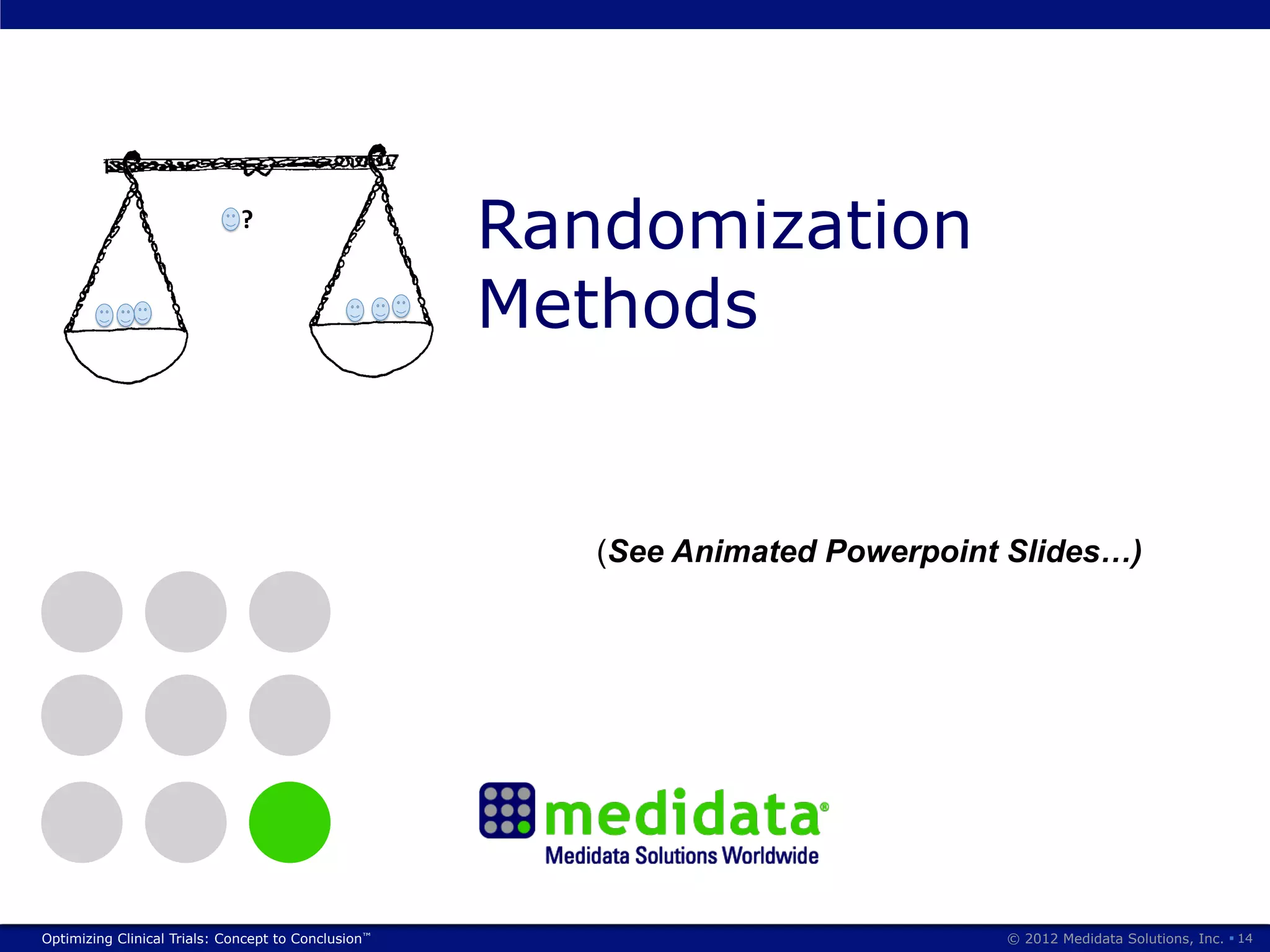 ?"
                                                      Randomization
            !!!
              !                                  !!
                                                  !
                                                      Methods


                                                         (See Animated Powerpoint Slides…)




Optimizing Clinical Trials: Concept to Conclusion™                               © 2012 Medidata Solutions, Inc. § 14
 