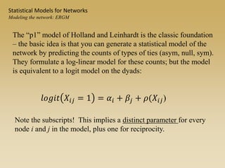 The “p1” model of Holland and Leinhardt is the classic foundation
– the basic idea is that you can generate a statistical model of the
network by predicting the counts of types of ties (asym, null, sym).
They formulate a log-linear model for these counts; but the model
is equivalent to a logit model on the dyads:
Note the subscripts! This implies a distinct parameter for every
node i and j in the model, plus one for reciprocity.
Statistical Models for Networks
Modeling the network: ERGM
𝑙𝑜𝑔𝑖𝑡 𝑋𝑖𝑗 = 1 = 𝛼𝑖 + 𝛽𝑗 + 𝜌(𝑋𝑖𝑗)
 