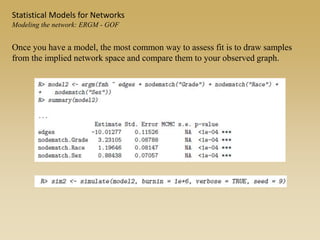 Once you have a model, the most common way to assess fit is to draw samples
from the implied network space and compare them to your observed graph.
Statistical Models for Networks
Modeling the network: ERGM - GOF
 