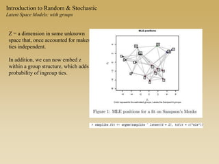 Z = a dimension in some unknown
space that, once accounted for makes
ties independent.
In addition, we can now embed z
within a group structure, which adds
probability of ingroup ties.
Introduction to Random & Stochastic
Latent Space Models: with groups
 