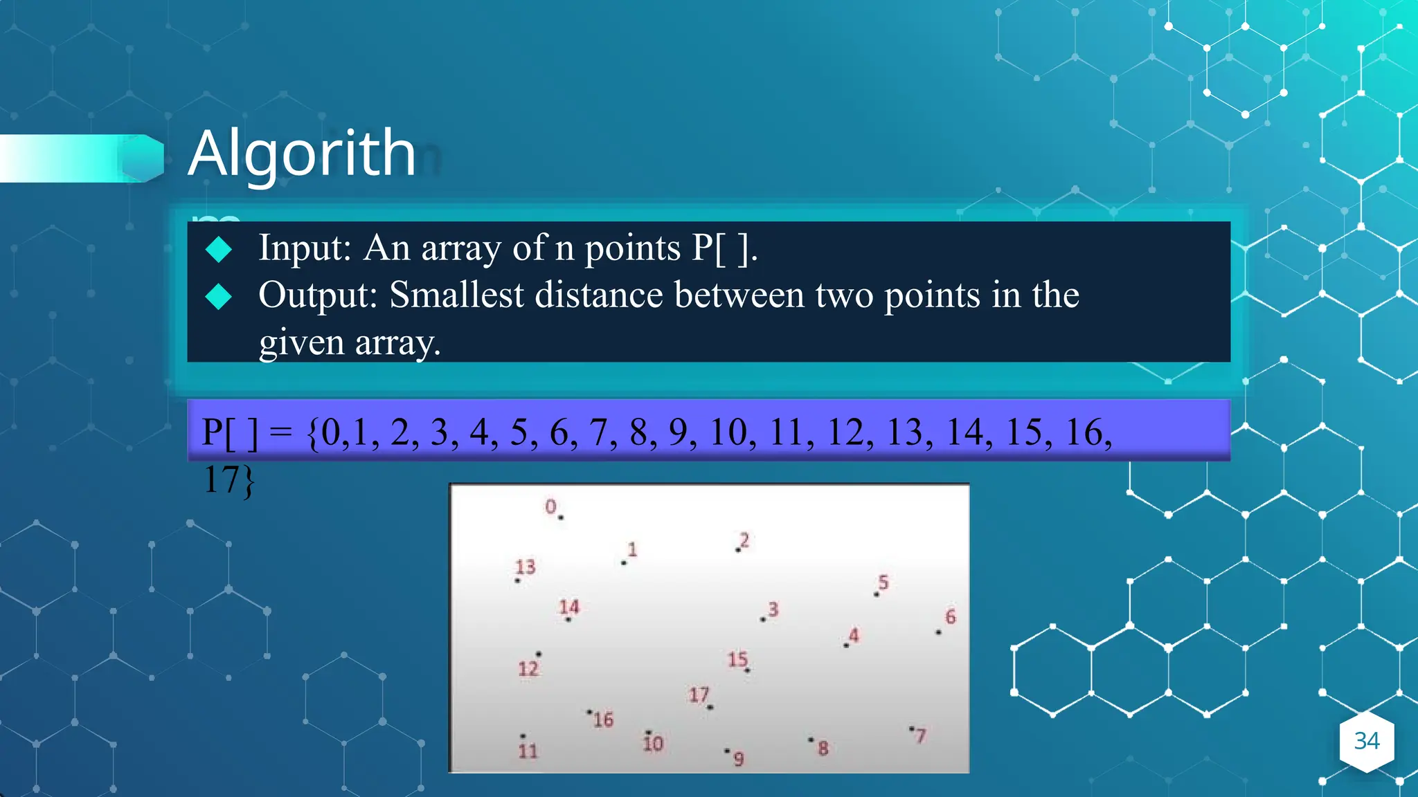 Algorith
m
◆ Input: An array of n points P[ ].
◆ Output: Smallest distance between two points in the
given array.
P[ ] = {0,1, 2, 3, 4, 5, 6, 7, 8, 9, 10, 11, 12, 13, 14, 15, 16,
17}
34
 
