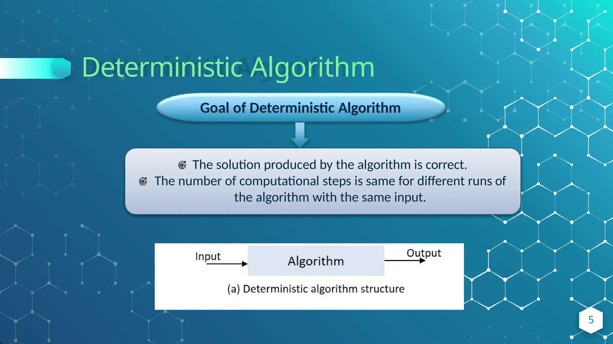 Deterministic Algorithm
Goal of Deterministic Algorithm
The solution produced by the algorithm is correct.
The number of computational steps is same for different runs of
the algorithm with the same input.
5
 