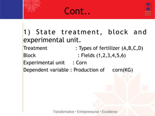 Cont.. 
1) State treatment, block and 
experimental unit. 
Treatment : Types of fertilizer (A,B,C,D) 
Block : Fields (1,2,3,4,5,6) 
Experimental unit : Corn 
Dependent variable : Production of corn(KG) 
 