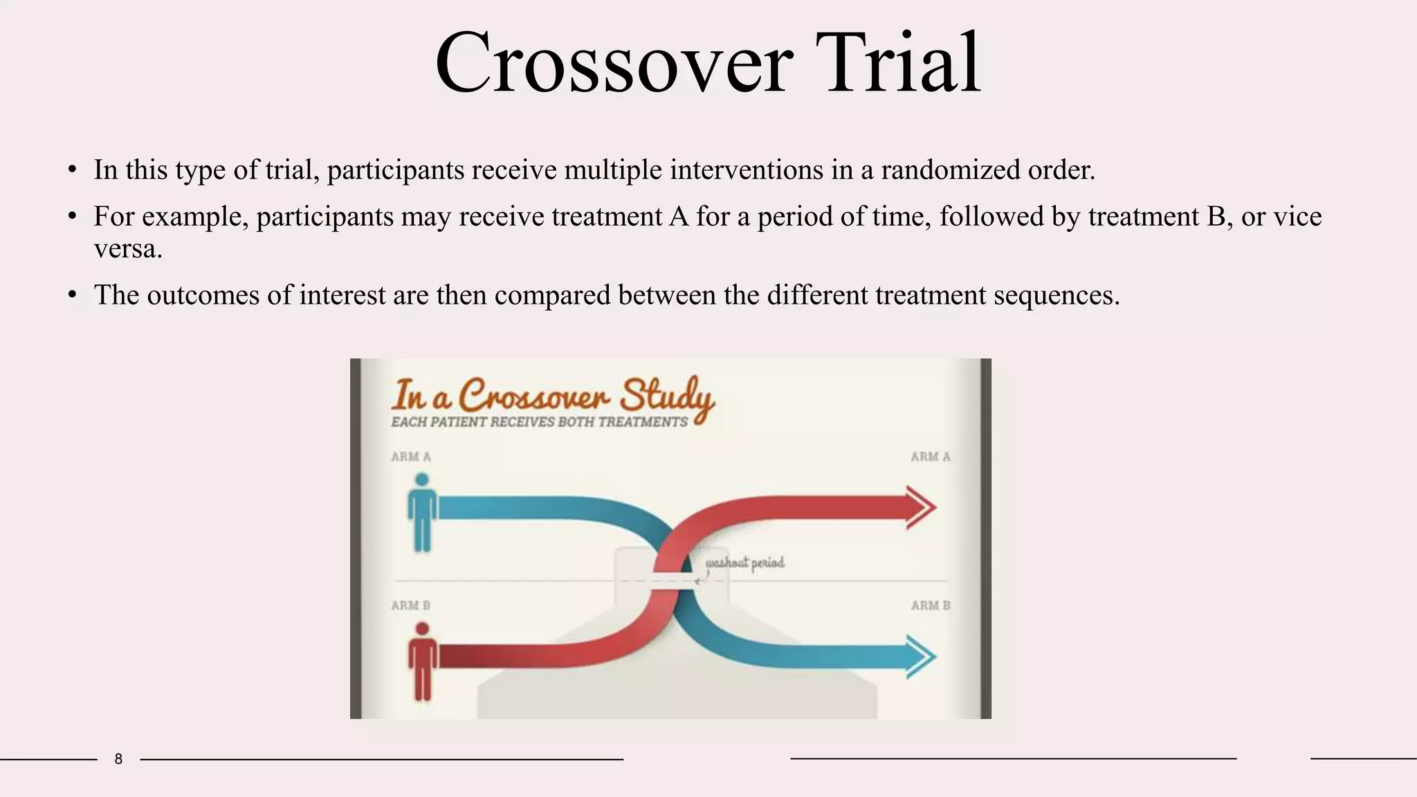 Crossover Trial
8
• In this type of trial, participants receive multiple interventions in a randomized order.
• For example, participants may receive treatment A for a period of time, followed by treatment B, or vice
versa.
• The outcomes of interest are then compared between the different treatment sequences.
 
