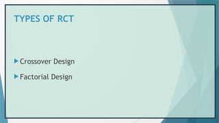 TYPES OF RCT
 Crossover Design
 Factorial Design
 