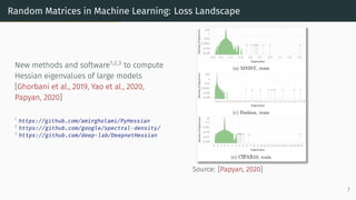Random Matrices in Machine Learning: Loss Landscape
New methods and software1,2,3
to compute
Hessian eigenvalues of large models
[Ghorbani et al., 2019, Yao et al., 2020,
Papyan, 2020]
1
https://github.com/amirgholami/PyHessian
2
https://github.com/google/spectral-density/
3
https://github.com/deep-lab/DeepnetHessian
Source: [Papyan, 2020]
7
 