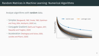 Random Matrices in Machine Learning: Numerical Algorithms
Analyze algorithms with random data.
• Simplex [Borgwardt, 1987, Smale, 1983, Spielman
and Teng, 2004, Vershynin, 2009] etc.
• Conjugate Gradient [Deift and Trogdon, 2017,
Paquette and Trogdon, 2020]
• Acceleration [Pedregosa and Scieur, 2020,
Lacotte and Pilanci, 2020]
8
 