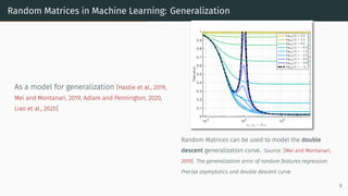 Random Matrices in Machine Learning: Generalization
As a model for generalization [Hastie et al., 2019,
Mei and Montanari, 2019, Adlam and Pennington, 2020,
Liao et al., 2020]
Random Matrices can be used to model the double
descent generalization curve. Source: [Mei and Montanari,
2019] The generalization error of random features regression:
Precise asymptotics and double descent curve
9
 