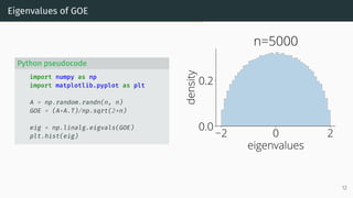 Eigenvalues of GOE
Python pseudocode
import numpy as np
import matplotlib.pyplot as plt
A = np.random.randn(n, n)
GOE = (A+A.T)/np.sqrt(2*n)
eig = np.linalg.eigvals(GOE)
plt.hist(eig) 2 0 2
eigenvalues
0.0
0.2
density
n=5000
12
 