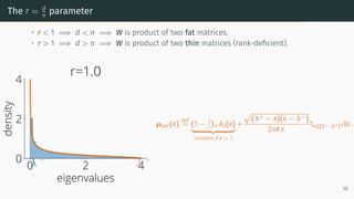 The r = d
n
parameter
• r < 1 =⇒ d < n =⇒ W is product of two fat matrices.
• r > 1 =⇒ d > n =⇒ W is product of two thin matrices (rank-deficient).
0 2 4
eigenvalues
0
2
4
density
λ −
λ +
r=1.0
µMP(x)
def
= (1 − 1
r )+δ0(x)
| {z }
nonzero if r > 1
+
p
(λ+ − x)(x − λ−)
2πr x
1x∈[λ−,λ+] dx .
18
 