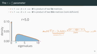 The r = d
n
parameter
• r < 1 =⇒ d < n =⇒ W is product of two fat matrices.
• r > 1 =⇒ d > n =⇒ W is product of two thin matrices (rank-deficient).
0 5 10
eigenvalues
0.00
0.05
0.10
density
λ −
λ +
r=5.0
µMP(x)
def
= (1 − 1
r )+δ0(x)
| {z }
nonzero if r > 1
+
p
(λ+ − x)(x − λ−)
2πr x
1x∈[λ−,λ+] dx .
18
 